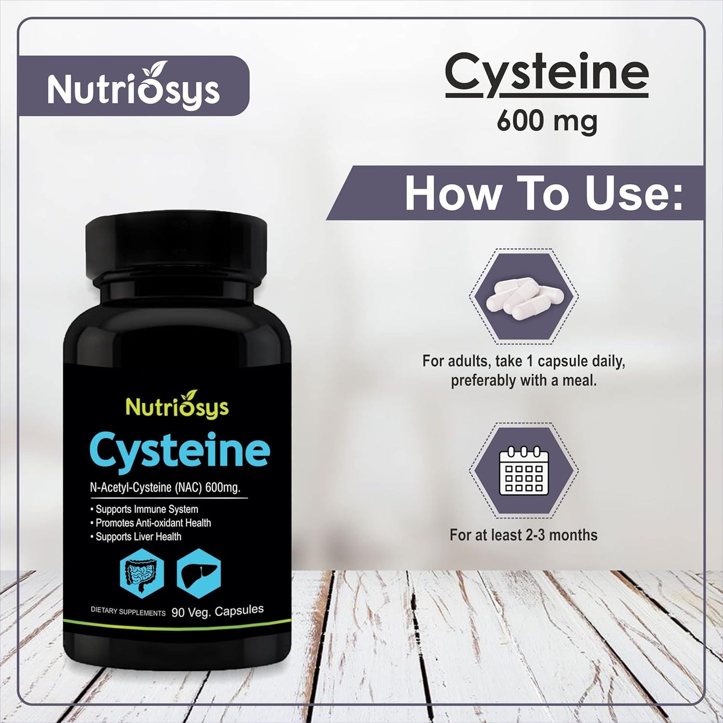 Nutriosys Cysteine 600mg (90 Veg Capsules), Supports immune system