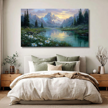 Mountain Landscape Canvas Wall Art Big Size | Nature Painting for Living Room Bedroom | Scenic Lake Premium Home Decor Wall Decoration (40 X 24 INCH, Unframed - LARGE)
