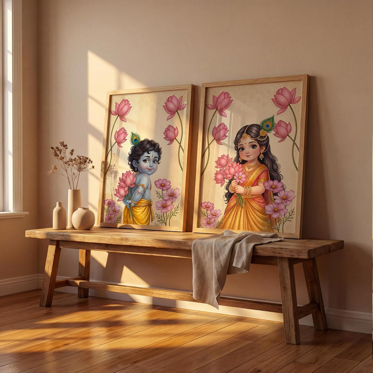 Radha Krishna Painting with Lotus Flowers | Set of 2 Framed Wall Art Paintings | Traditional Indian Decor for Living Room Bedroom Pooja Room | (ART 5, 13x19 INCHES)
