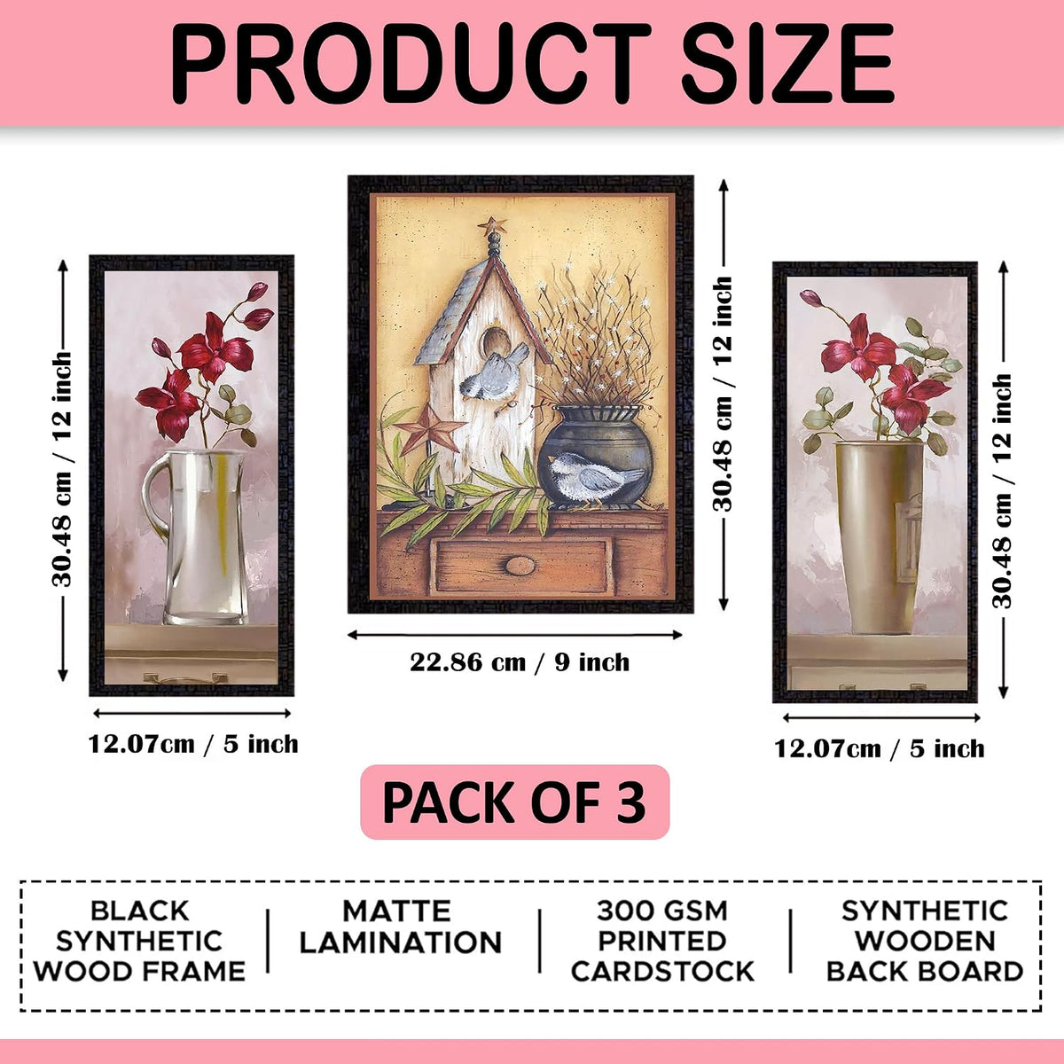 Wall Painting Frames For decor, Pictures Frame For Living Room, Home Decoration, Bedroom, Set of 3, 1pc- 23 x 30 cm, 2pc- 12.5 x 30 cm (Design 15)