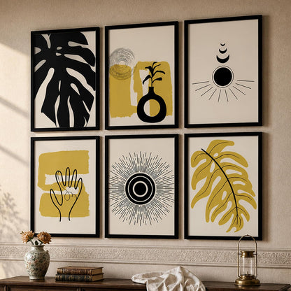 Abstract Botanical & Geometric Framed Painting Wall Art Set of 6 | Modern Neutral Prints | Beige, Brown & Black Tones | Engineered wood Frame Wall Décor, (Size: A3)