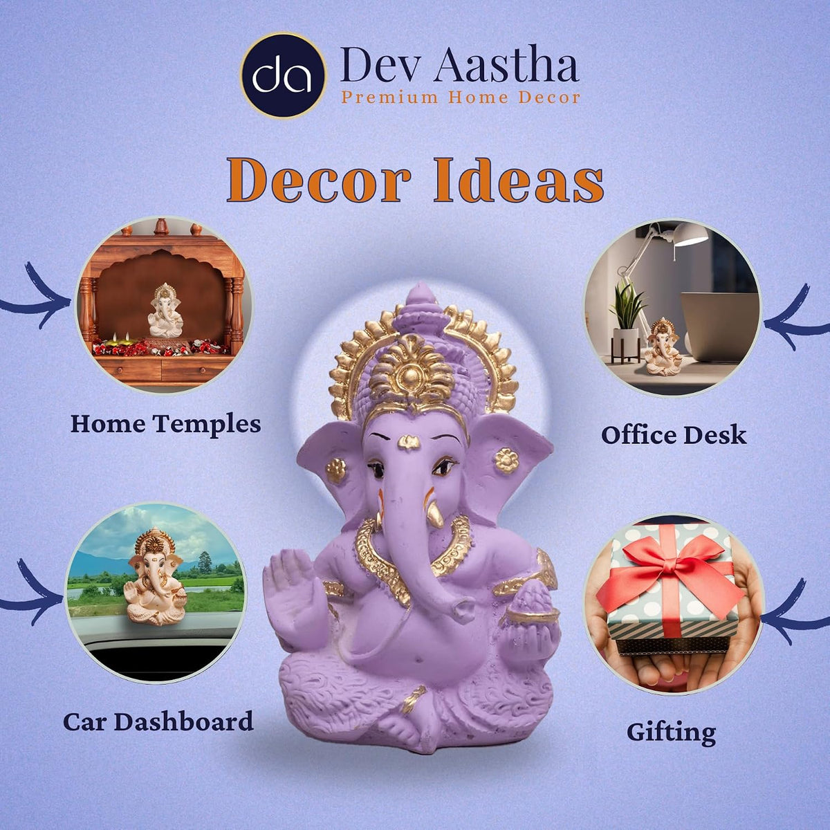 Lord Ganesha Idol for Car Dashboard, Home Decor & Pooja | Resin Gold Plated Ganpati Murti | 3.5 Inch Ganesh Statue for Gift, Diwali, Housewarming, Baby Shower, Mandir Decor, Purple, Pack -1