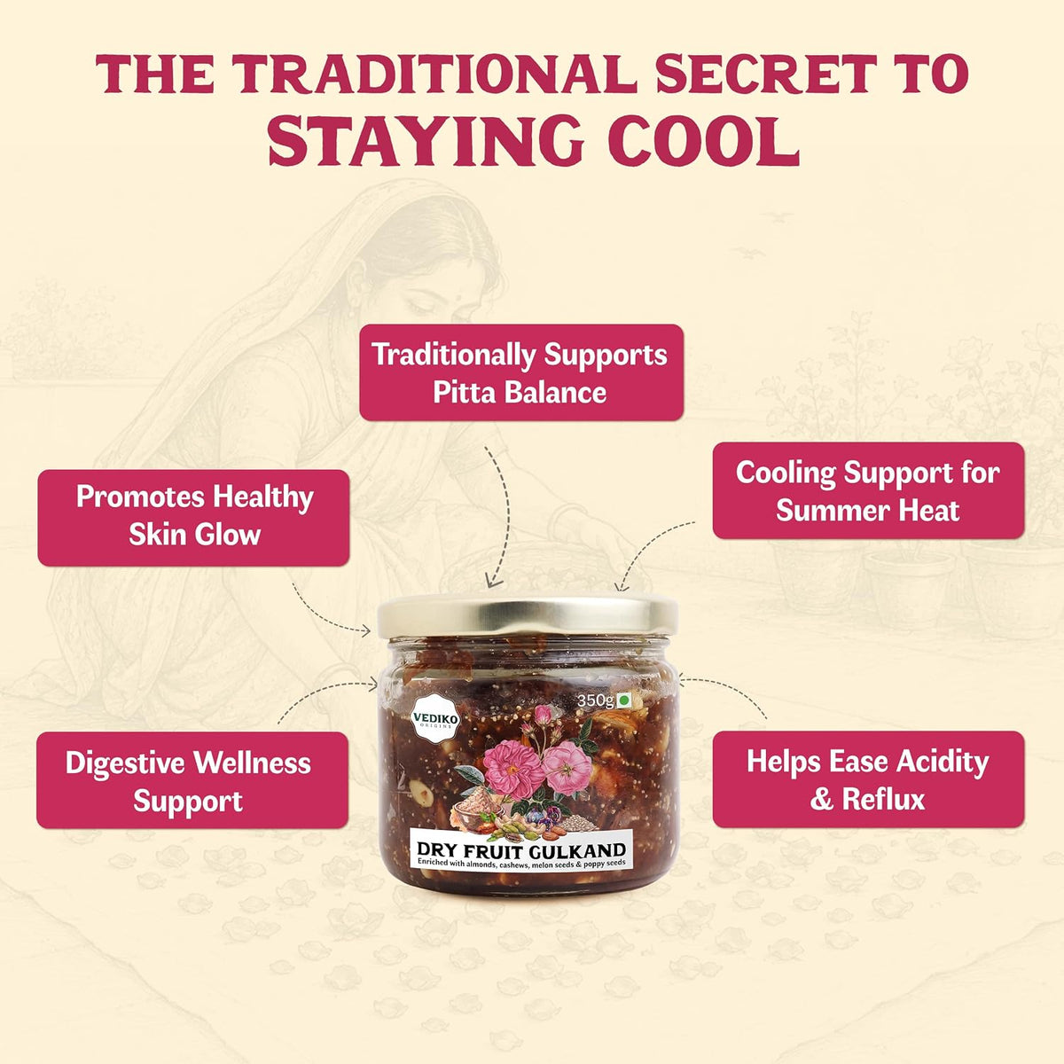 Vediko Origins Dry Fruit Gulkand | 100% Sun-Cooked Pure Rose Petal Jam With No Artificial Flavors For Gut Health | Sweetened With Raw Sugar (Mishri) | Improves Digestion | Natural Coolant