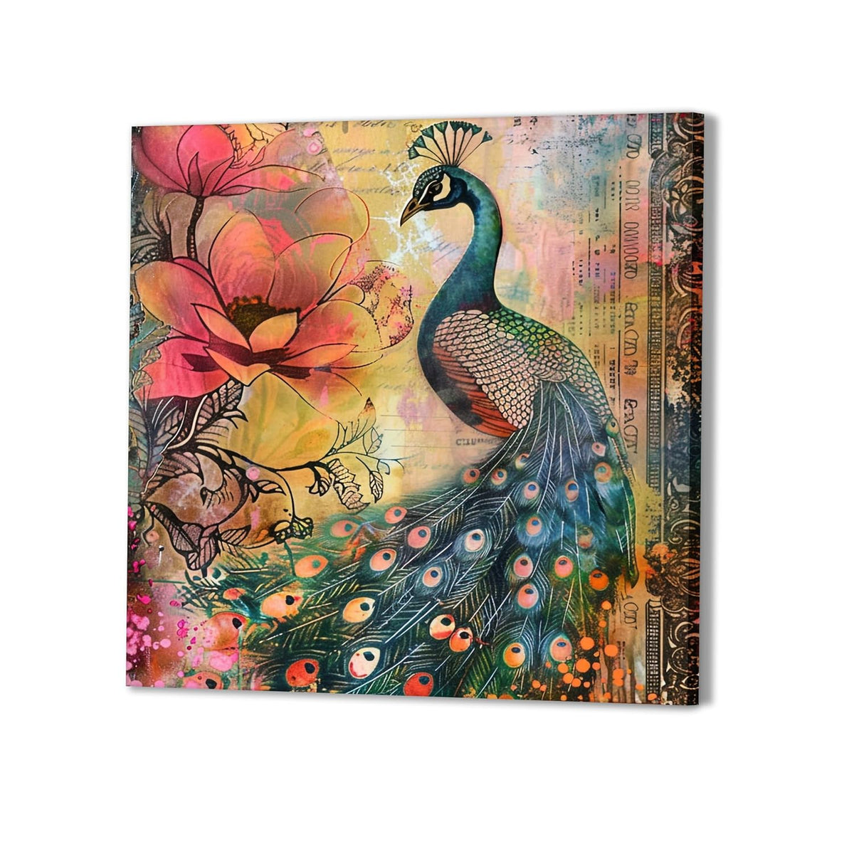 Peacock Floral Artwork Stretched Canvas Painting for Living Room | Bird Nature Painting Wall Décor Art For Livingroom, Bedroom, Office, Hallways - 16x16 Inch