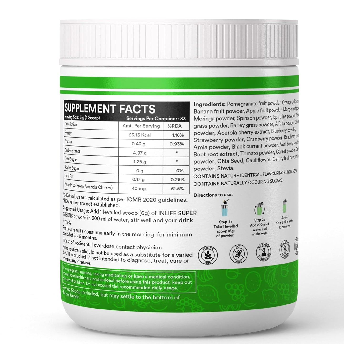 INLIFE Super Greens Powder Supplement | Spirulina, Moringa, Chlorella, Alfalfa, Wheat Grass, Barley Grass Blend | - 200g