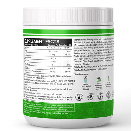 INLIFE Super Greens Powder Supplement | Spirulina, Moringa, Chlorella, Alfalfa, Wheat Grass, Barley Grass Blend | - 200g