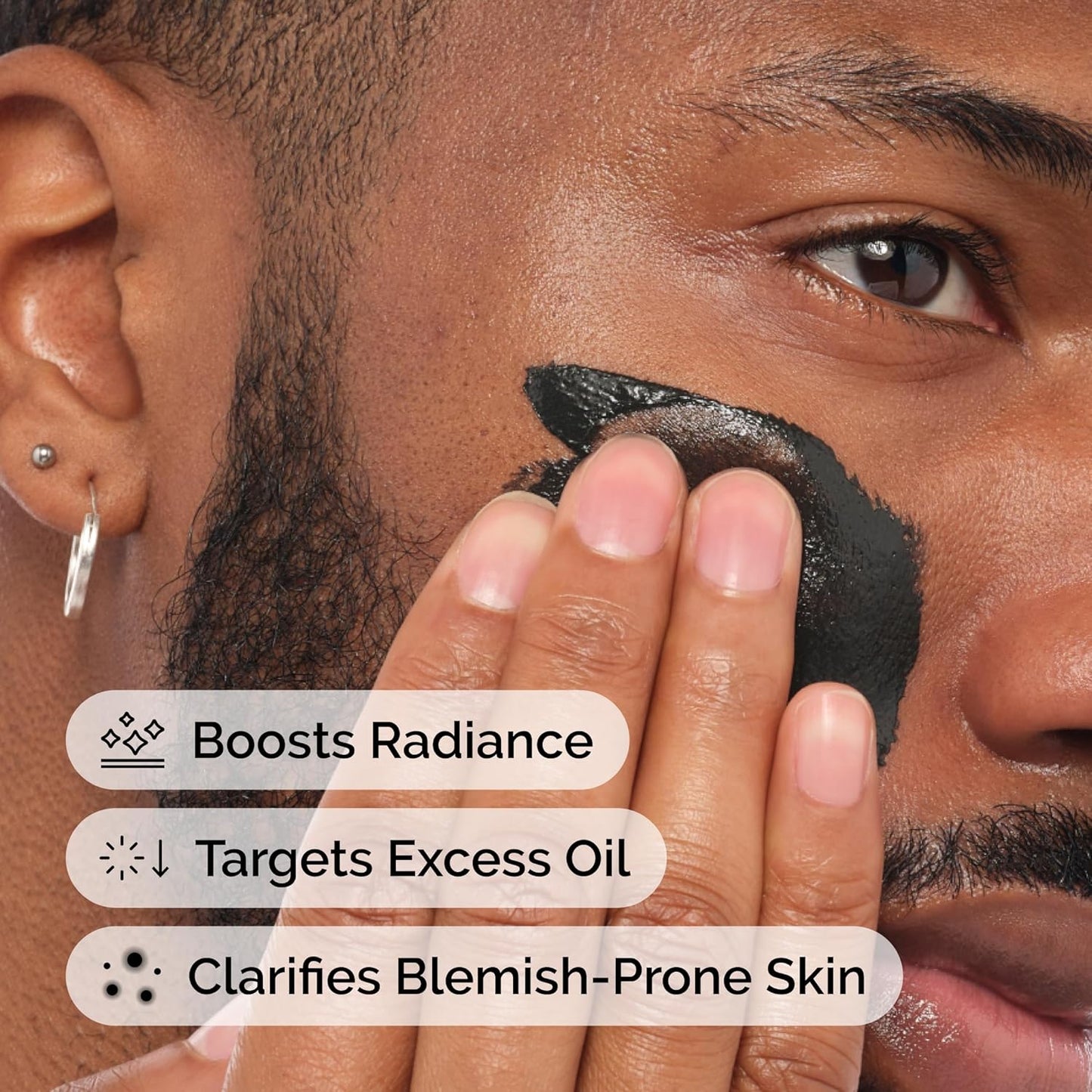 Person applying blackhead removal product to their face with text highlighting benefits.