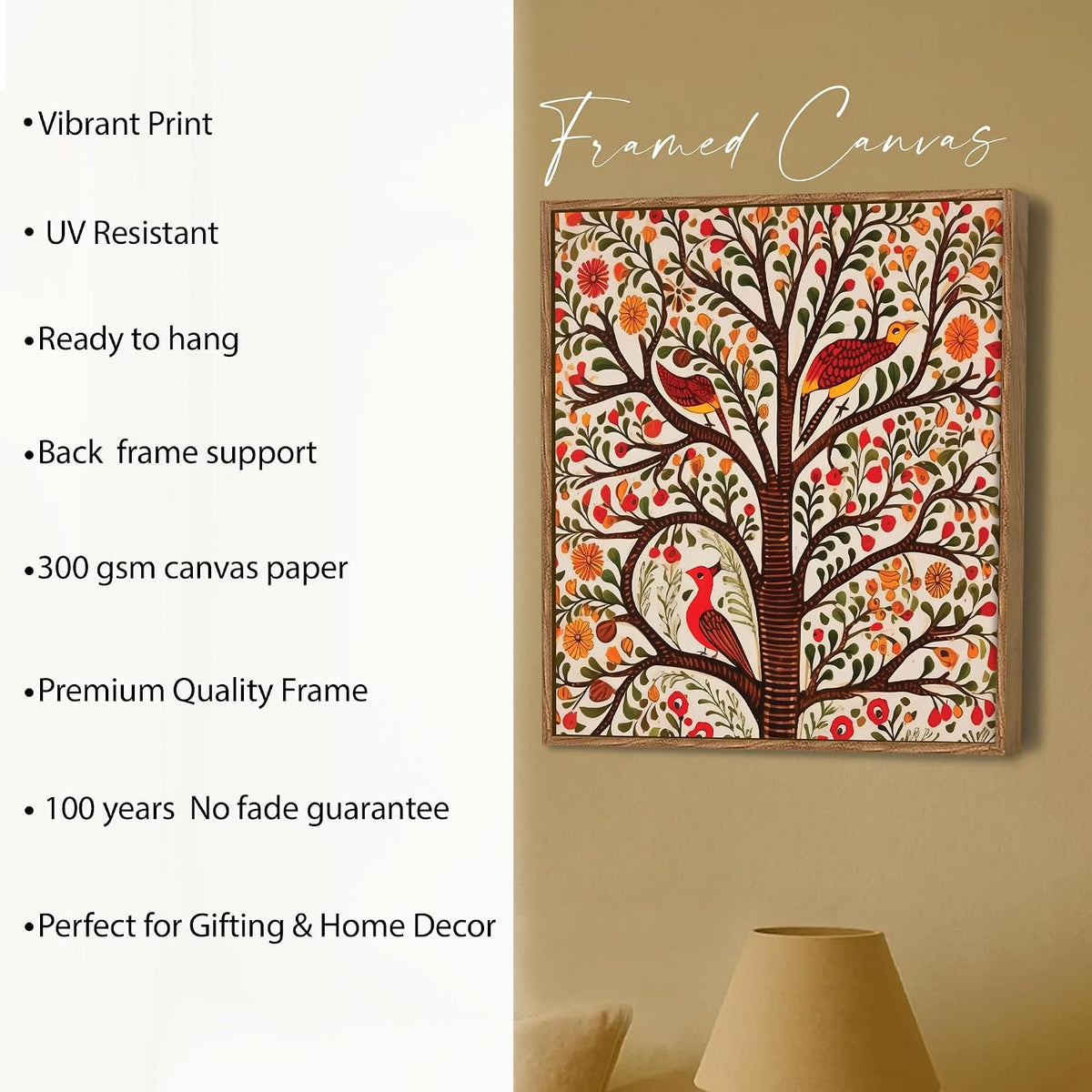 Madhubani Tree of Life Framed Painting For Living Room | Indian Folk Tree and Birds Large Canvas Painting With Frame Wall Art For Bedroom, Hallway's, Office, Hotel, Size 58x58 cm