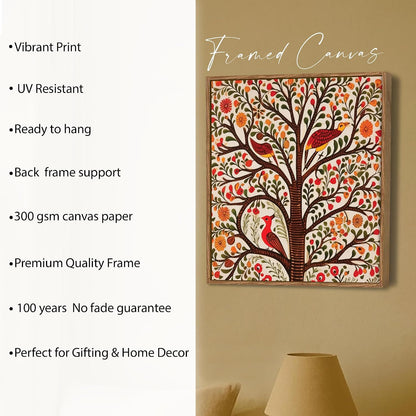 Madhubani Tree of Life Framed Painting For Living Room | Indian Folk Tree and Birds Large Canvas Painting With Frame Wall Art For Bedroom, Hallway's, Office, Hotel, Size 58x58 cm