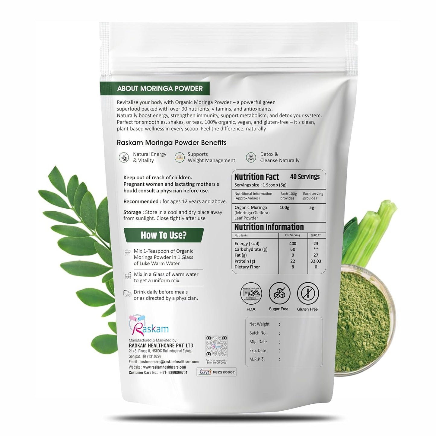 Moringa powder packaging with nutritional information and usage instructions on a white background