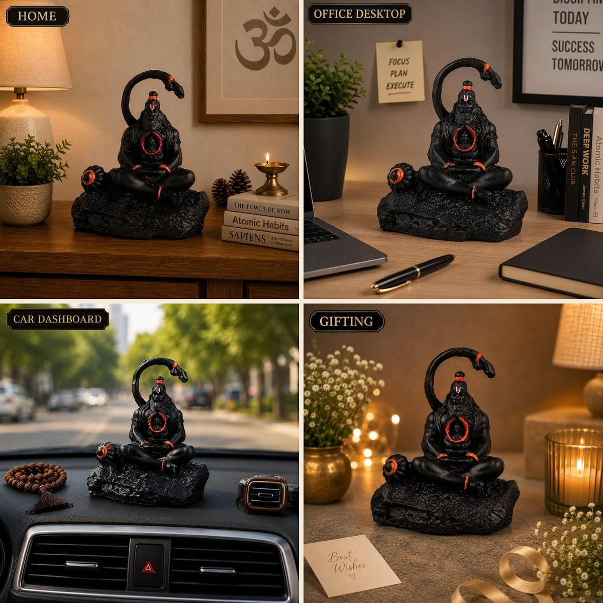 3.5 Inch Meditating Lord Hanuman Idol | Black Finish Bajrangbali Murti with Ram in Heart Design, Gada & Mountain Base for Home Temple, Mandir, Office Desk & Car Dashboard