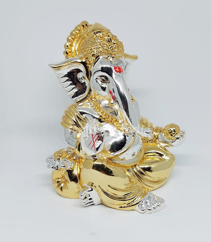 Gold Art India Gold and Silver Plated gaddi Ganesha Idol | Ganpati Bappa Murti | for Home Decor Puja Lord Ganesh Statue Gift for Office Desk Puja Room Figurine, Car Dashboard, House Warming (7.6 x 7.6 x 8.8)