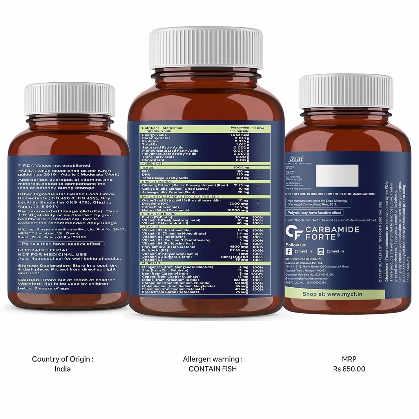 Carbamide Forte Fish Oil with Multivitamin and Omega 3 1000mg Capsules for Men & Women | Fish Oil And Multivitamin Combo with 30 Ingredients - 60 Softgel Capsules, 110 grams