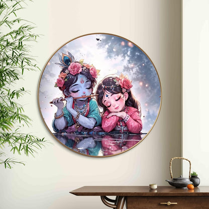 Baby Radha Krishna Round Art Print with Golden Frame | Cute Flute HD Art Print for Kids Room Pooja Living Room 16 Inch x 16 Inch