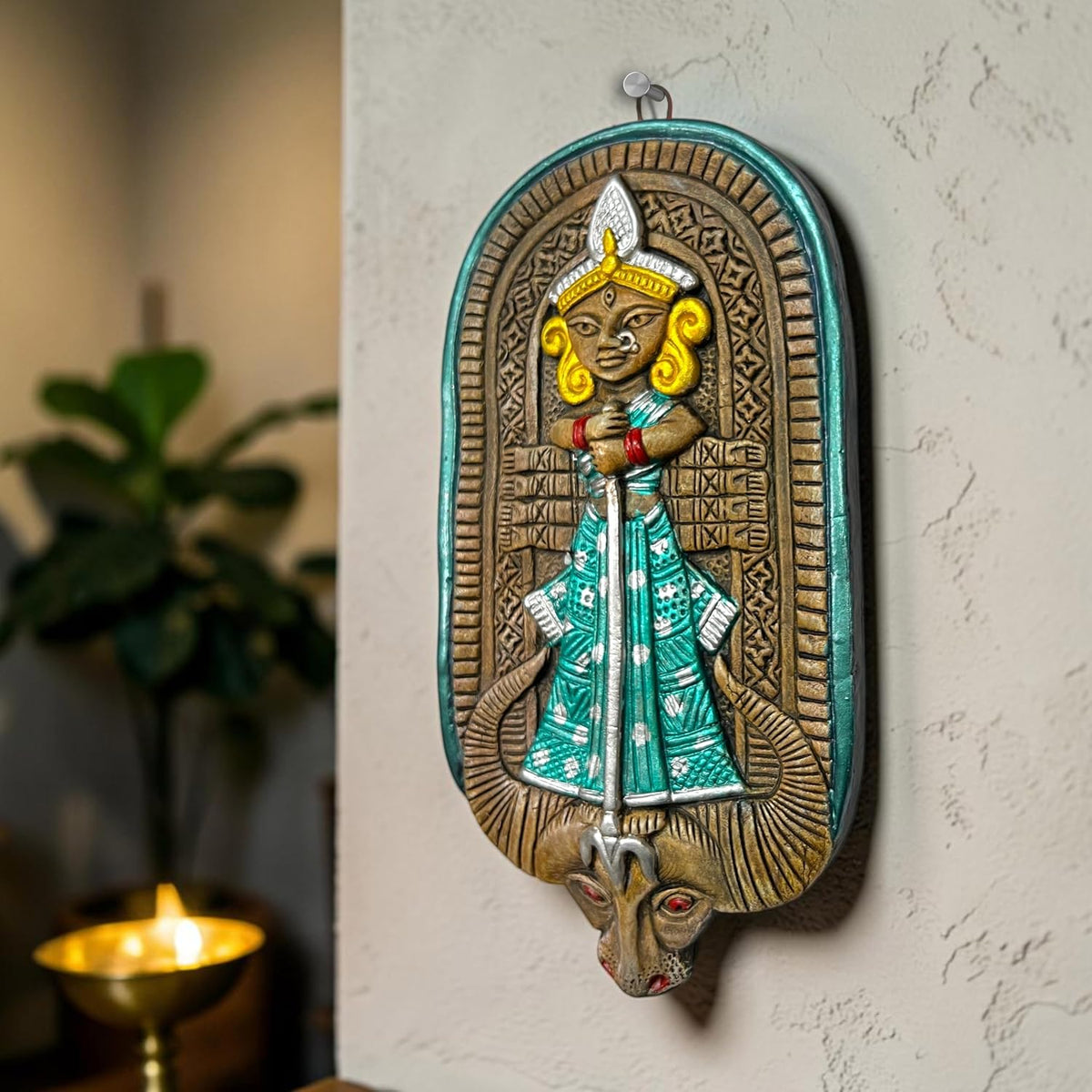 Maa Durga Terracotta Wall Hanging Idol Murti | Mahisasur Mardini Sherawali Devi MATA Wall Art Decor for Home, Temple, Mandir & Office Decor | Spiritual Gifting (23x12 CM)