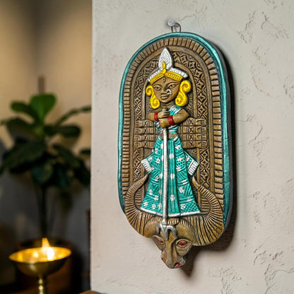Maa Durga Terracotta Wall Hanging Idol Murti | Mahisasur Mardini Sherawali Devi MATA Wall Art Decor for Home, Temple, Mandir & Office Decor | Spiritual Gifting (23x12 CM)
