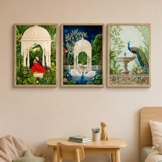 Set of 3 Royal Garden Wall Paintings for Living Room Dining Bedroom Home Decor with Premium Wooden Color Synthetic Frame (13.5 x 19.5 Inch) NM03-74