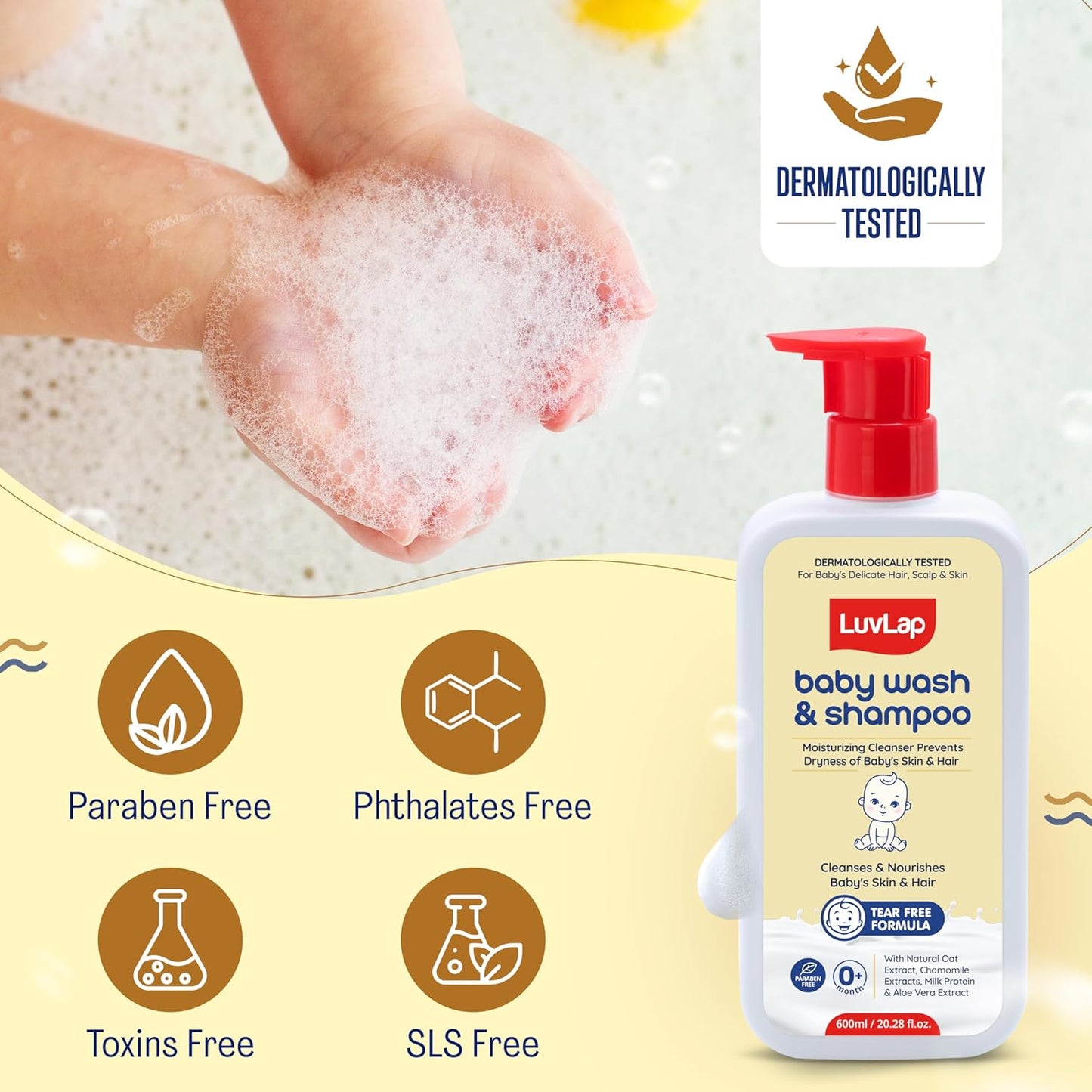 LuvLap Baby Wash & Shampoo -600ml, Milky Soft Head to Toe Wash With Oatmeal & Shea Butter, Paraben Free, Tear Free, Rich Moisturised Skin & Soft Hair, 2 in 1 Baby Body Wash, Dermatologically Tested