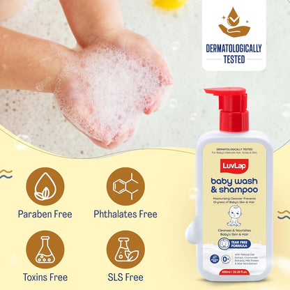 LuvLap Baby Wash & Shampoo -600ml, Milky Soft Head to Toe Wash With Oatmeal & Shea Butter, Paraben Free, Tear Free, Rich Moisturised Skin & Soft Hair, 2 in 1 Baby Body Wash, Dermatologically Tested
