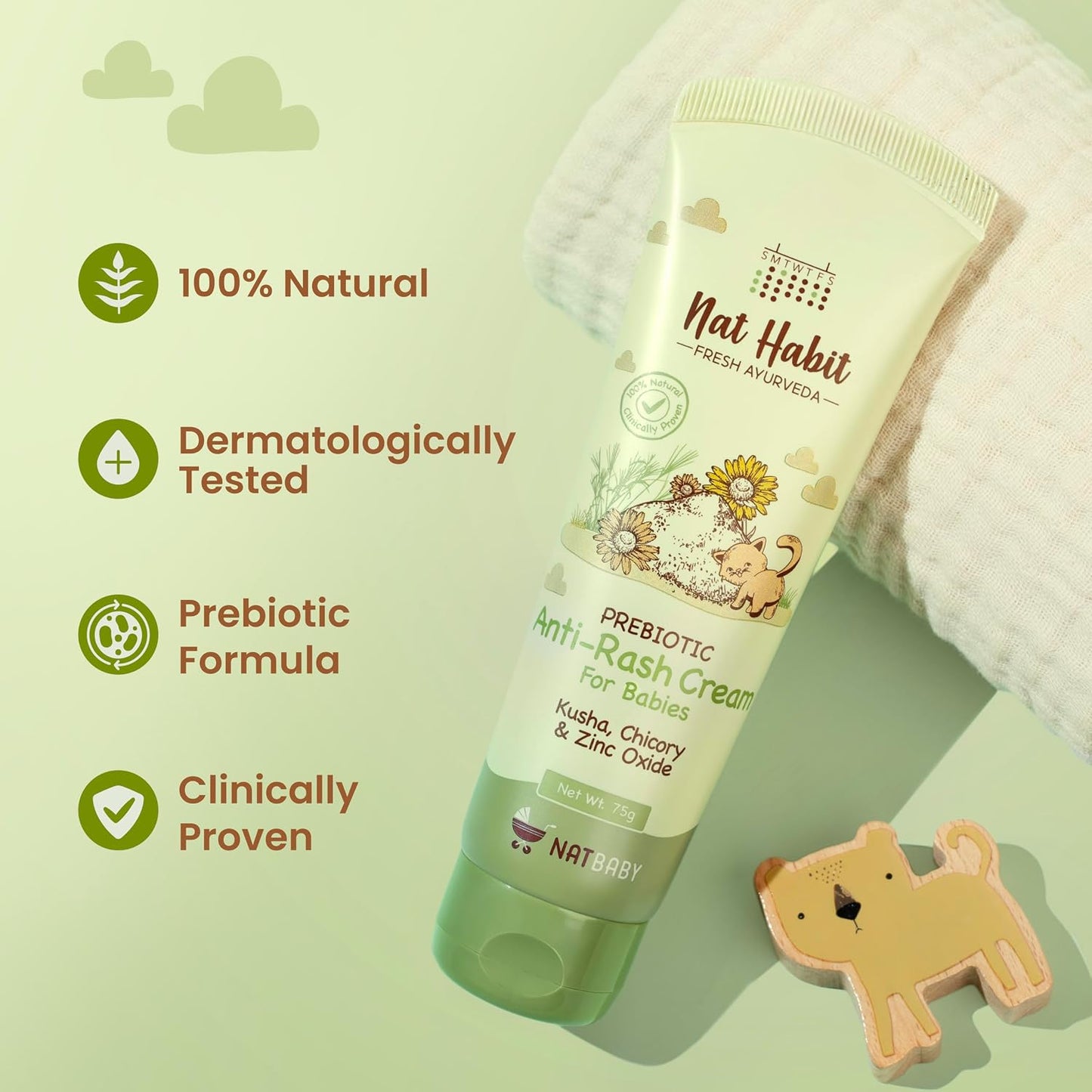 Nat Habit Diaper Rash Cream for Baby with Kusha, Coconut Oil & Zinc Oxide | Anti Rash Cream for Newborns & Infants | Soothes, Heals & Protects | Natural, Chemical-Free Baby Rash Cream, 75g