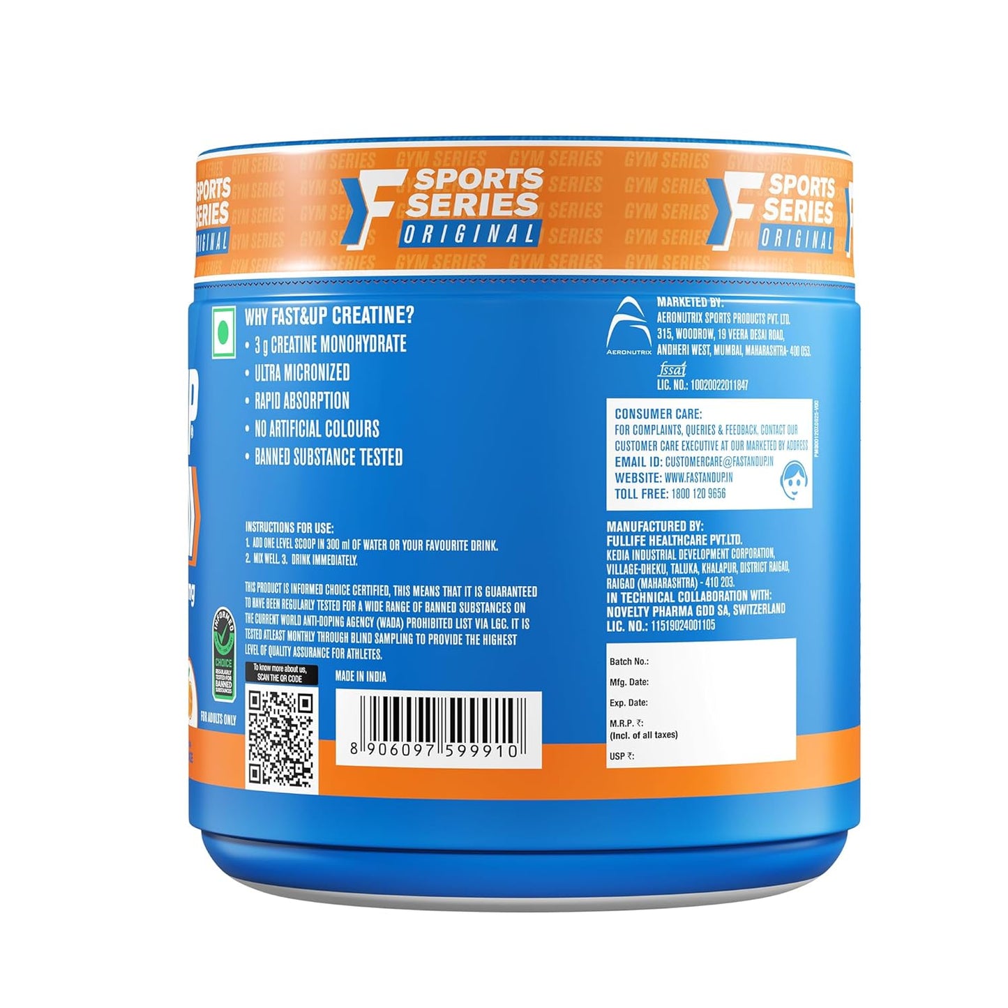 Fast&Up Creatine Monohydrate Powder | 100% Pure Micronized Creatine Supplement for Muscle Growth, Strength & Recovery | Unflavoured Creatine Powder, 250g (83 Servings)