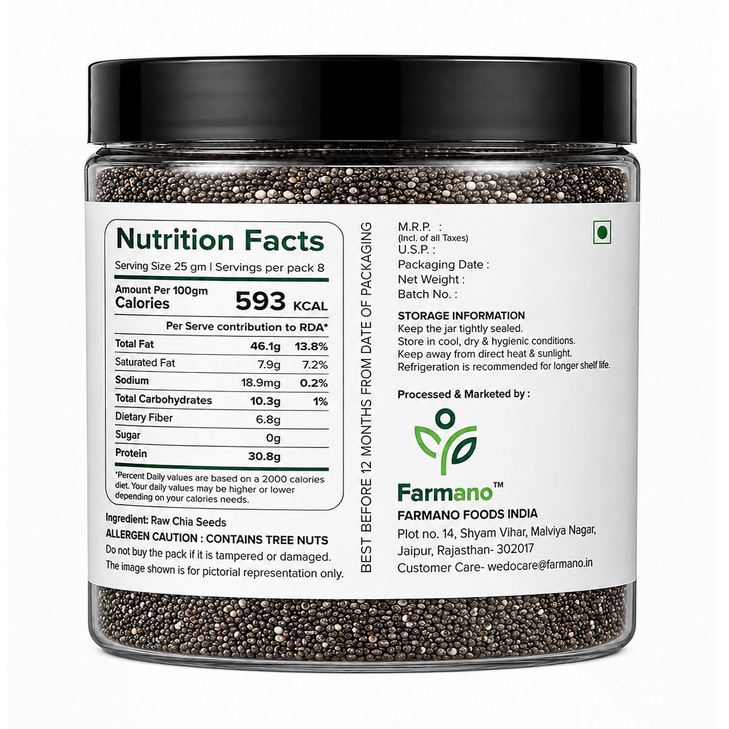 Farmano Raw Chia Seeds | High Fiber Superfood | Premium Quality | 200g