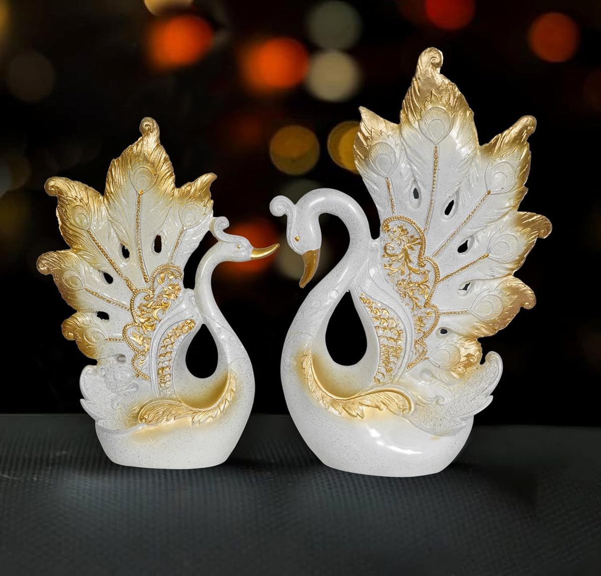 Decorative Peacock Figurine Set, White and Gold, Resin,Home & Office Decor Showpiece (2 Piece)