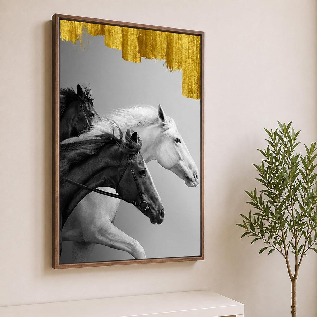 Running Horse Canvas Wall Art Painting With Frame For Living Room Black & White Running Horse Vastu Inspired Framed Wall Art Painting For Home, Office, Size 17x23 Inch