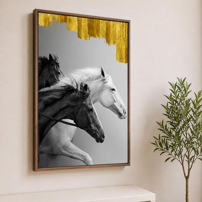 Running Horse Canvas Wall Art Painting With Frame For Living Room Black & White Running Horse Vastu Inspired Framed Wall Art Painting For Home, Office, Size 17x23 Inch