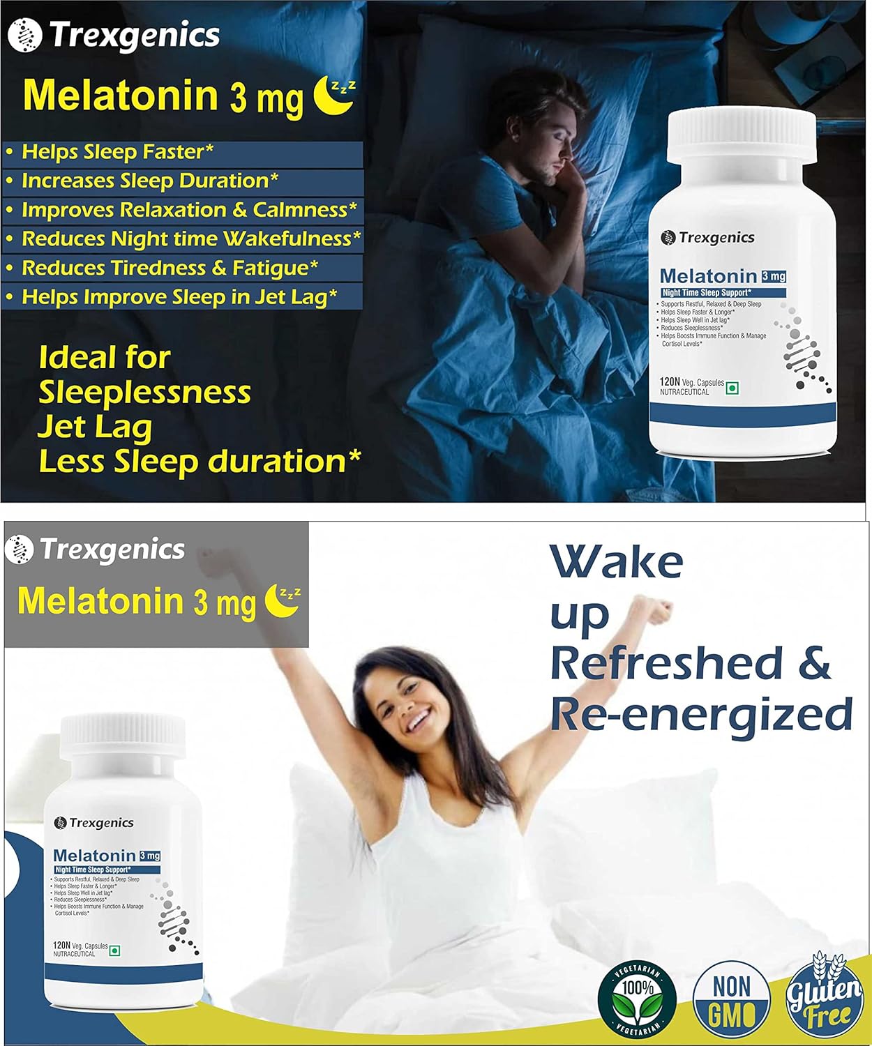 Trexgenics Melatonin 3 mg USP grade Night Time Sleep, Circadian rhythm, jet lag, cortisol balance Support(120 Veg.Capsules) (Melatonin 3 mg (120))