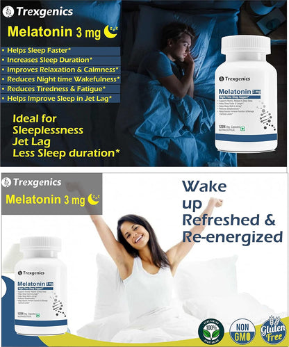 Trexgenics Melatonin 3 mg USP grade Night Time Sleep, Circadian rhythm, jet lag, cortisol balance Support(120 Veg.Capsules) (Melatonin 3 mg (120))