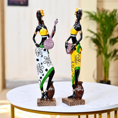 Resin African Girl with Musical Instruments|Captivating Home Décor (Pack of 2, Yellow & Black- Model 2, Large)