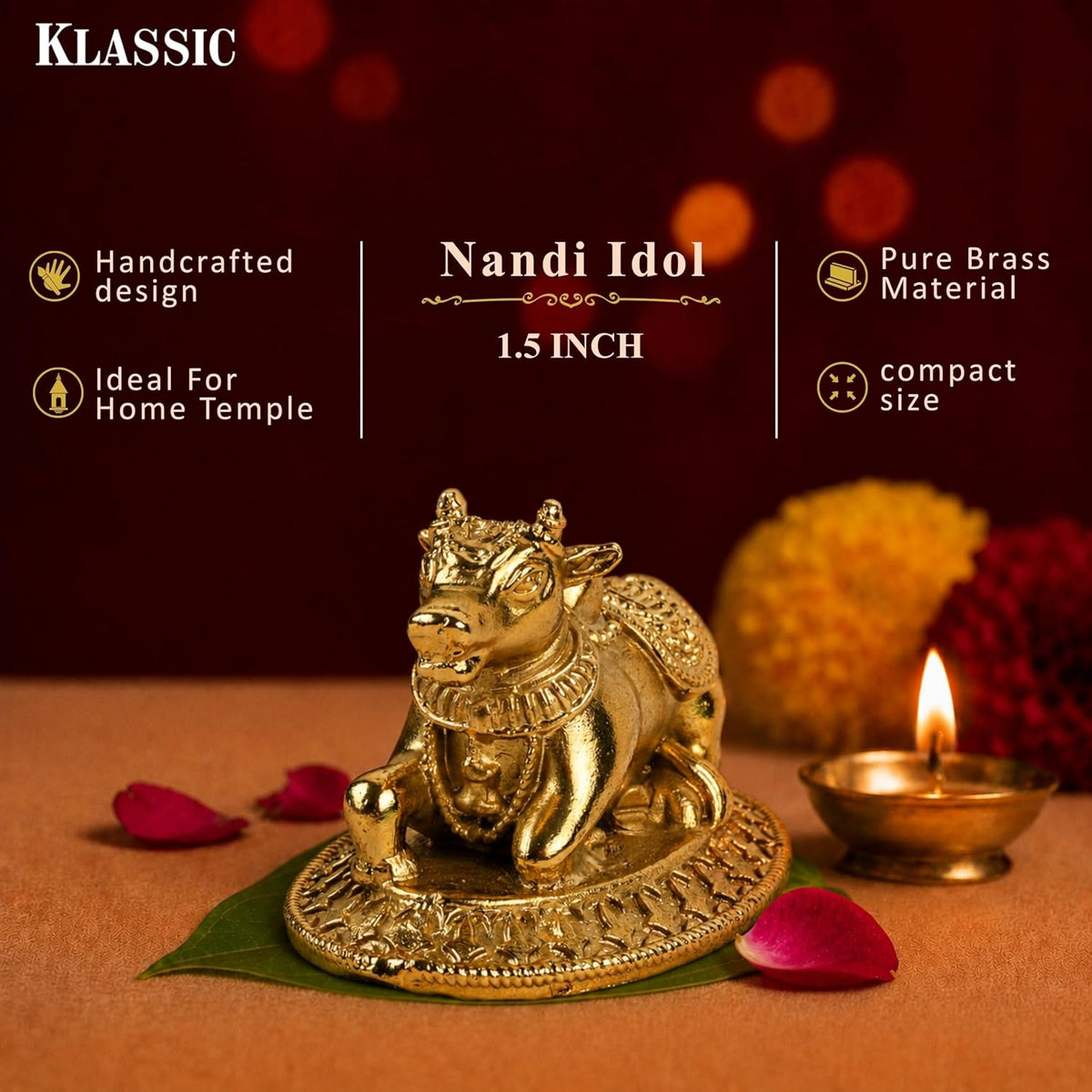 1.5 Inch Pure Brass Nandi Idol | Decorative Vastu Showpiece for Home Temple, Mandir, Office Desk & Puja Room | Spiritual Gift & Religious Home Decor