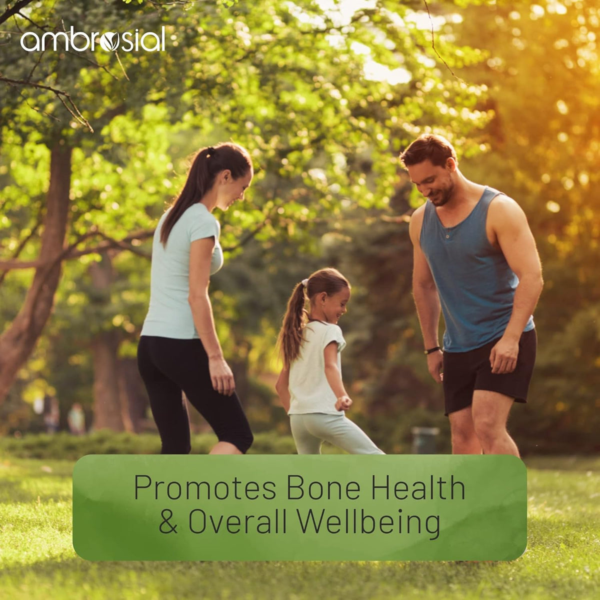 Family walking in a park with 'ambrosial' branding and text about bone health.