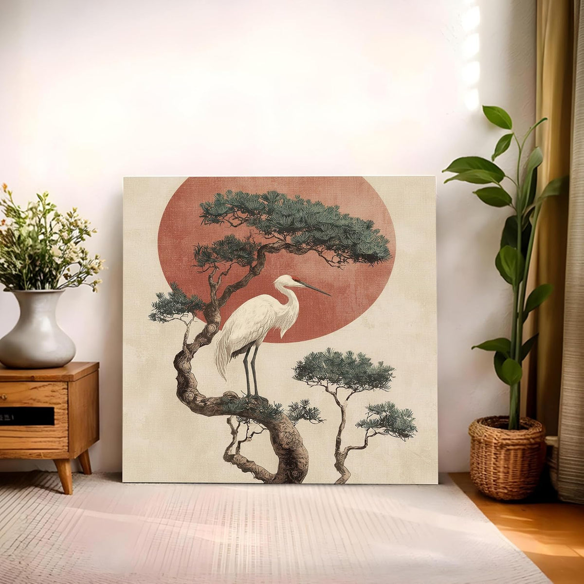 Japanese Crane Art Stretched Canvas Painting for Living Room | Zen Oriental Painting Wall Décor Art For Livingroom, Bedroom, Office, Hallways - 16x16 Inch