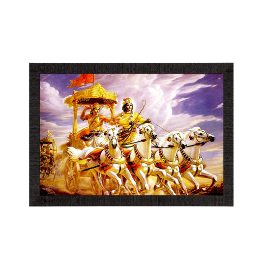 Shree Krishna Arjun On Rath Digital Printed Religious Wall Painting - Divine Artwork for Home, Temple, and Meditation Spaces for Krishna Devotees and Spiritual Seekers