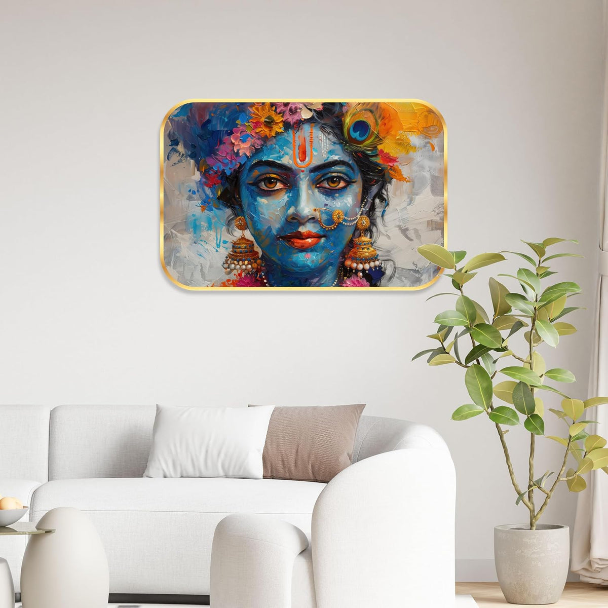 krishna religious modern art Premium Sparkle Lamination Finished Surface Golden Slim Frame 35 cm x 28 cm Large Size, For Home/Office/Hotel painting KG61