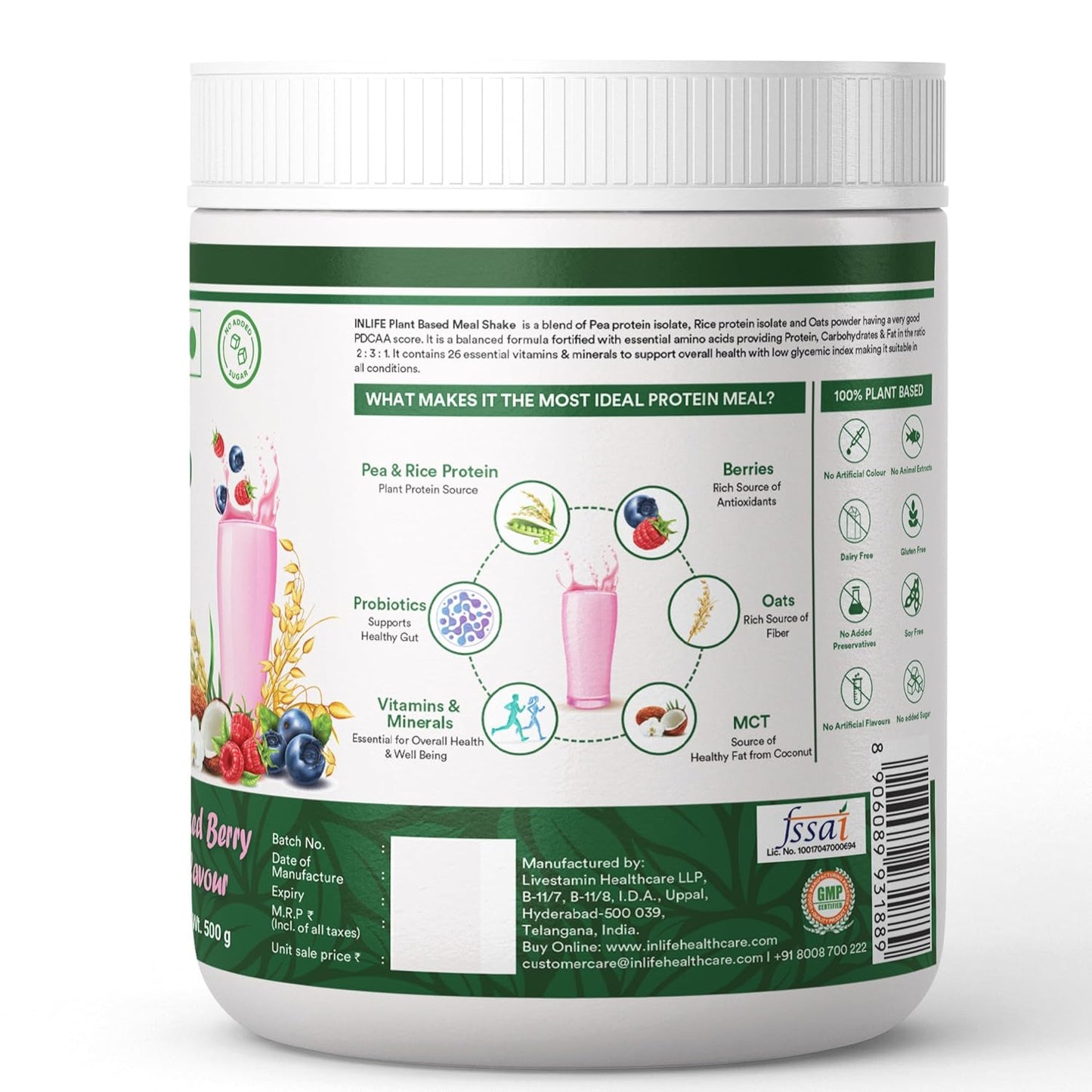 INLIFE Plant Based Meal Replacement Shake | Plant Protein Powder (17.5 Protein) No added Sugar, Lactose Free | Added Probiotics, 500g (Mixed Berry)