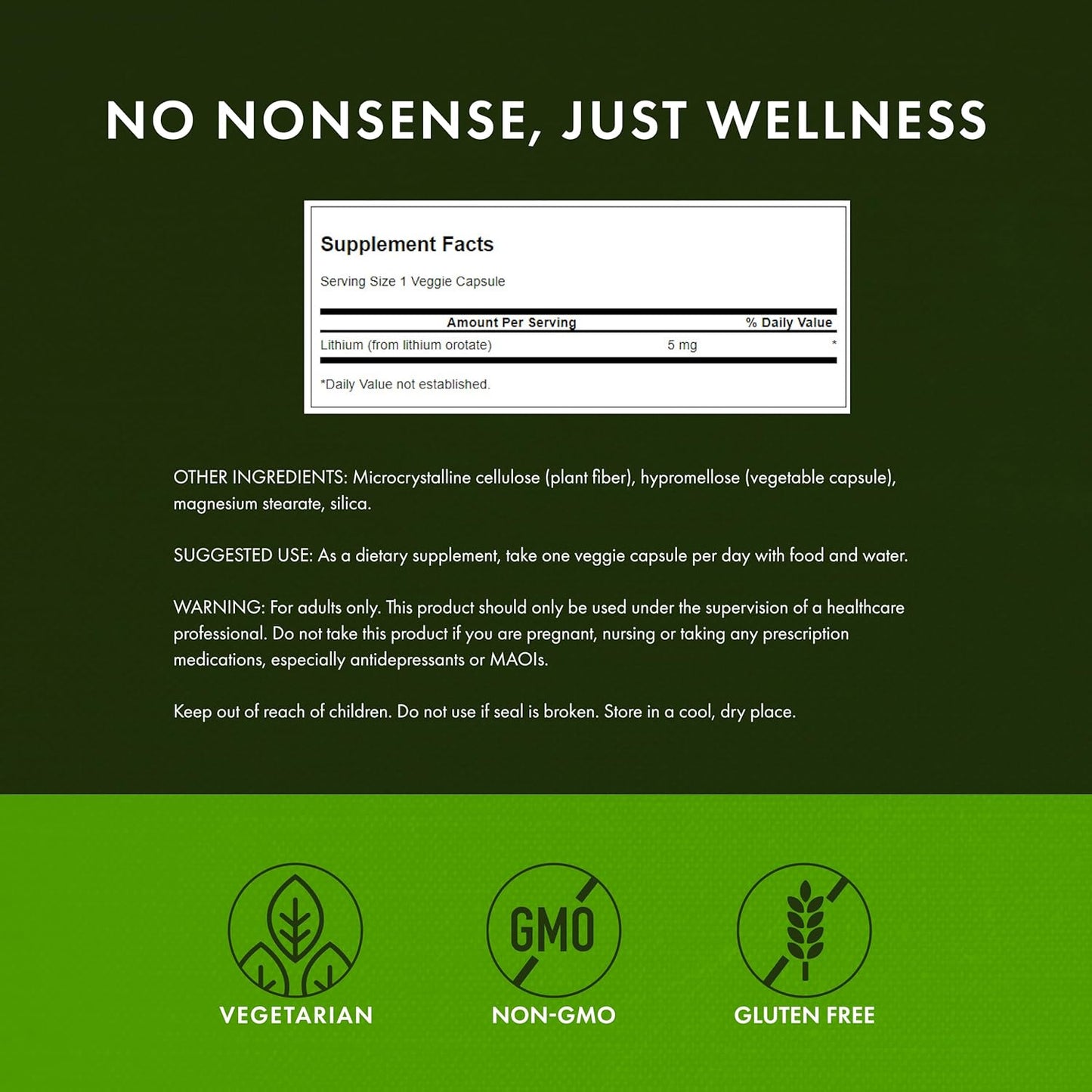 Supplement label with 'No Nonsense, Just Wellness' text on a green background