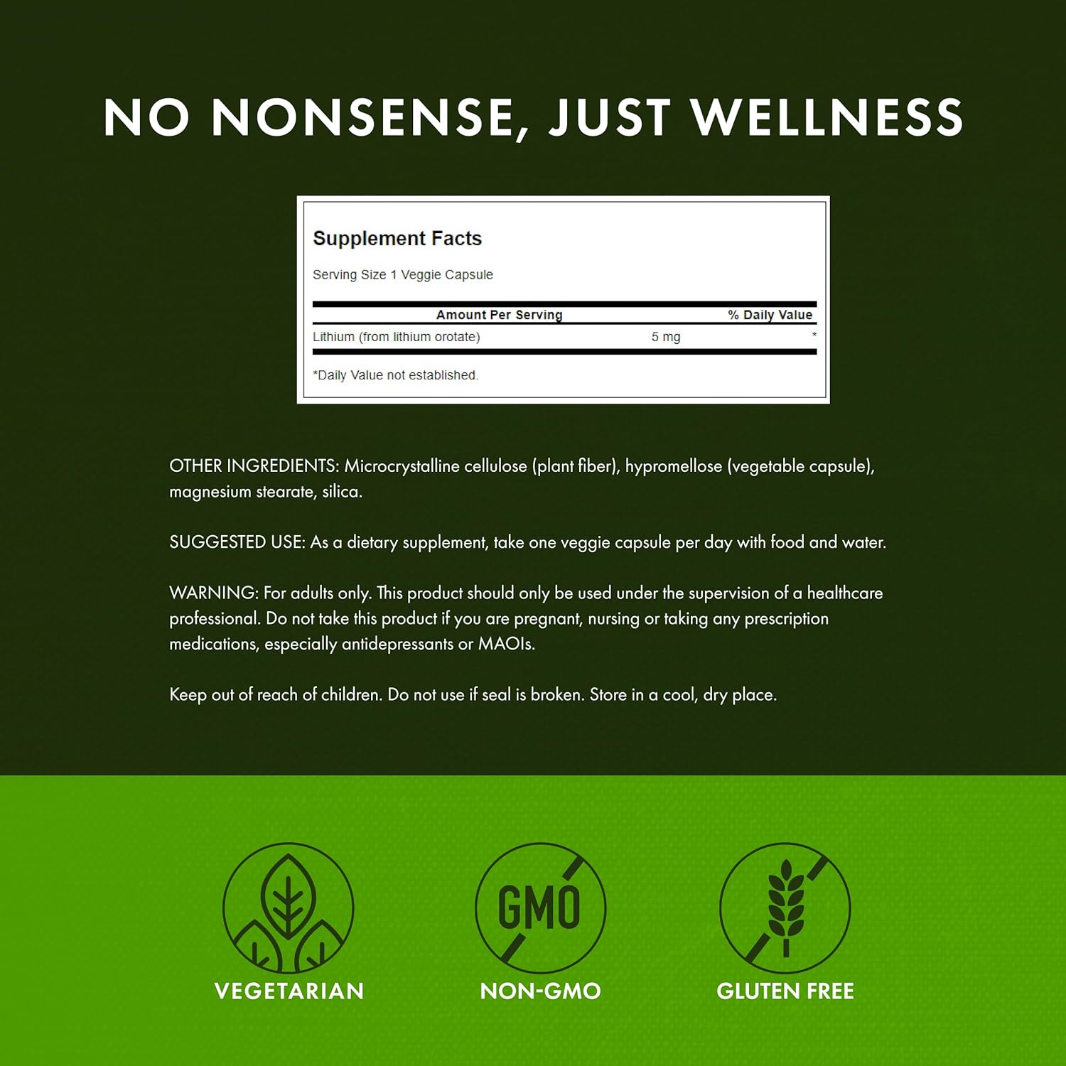 Supplement label with 'No Nonsense, Just Wellness' text on a green background