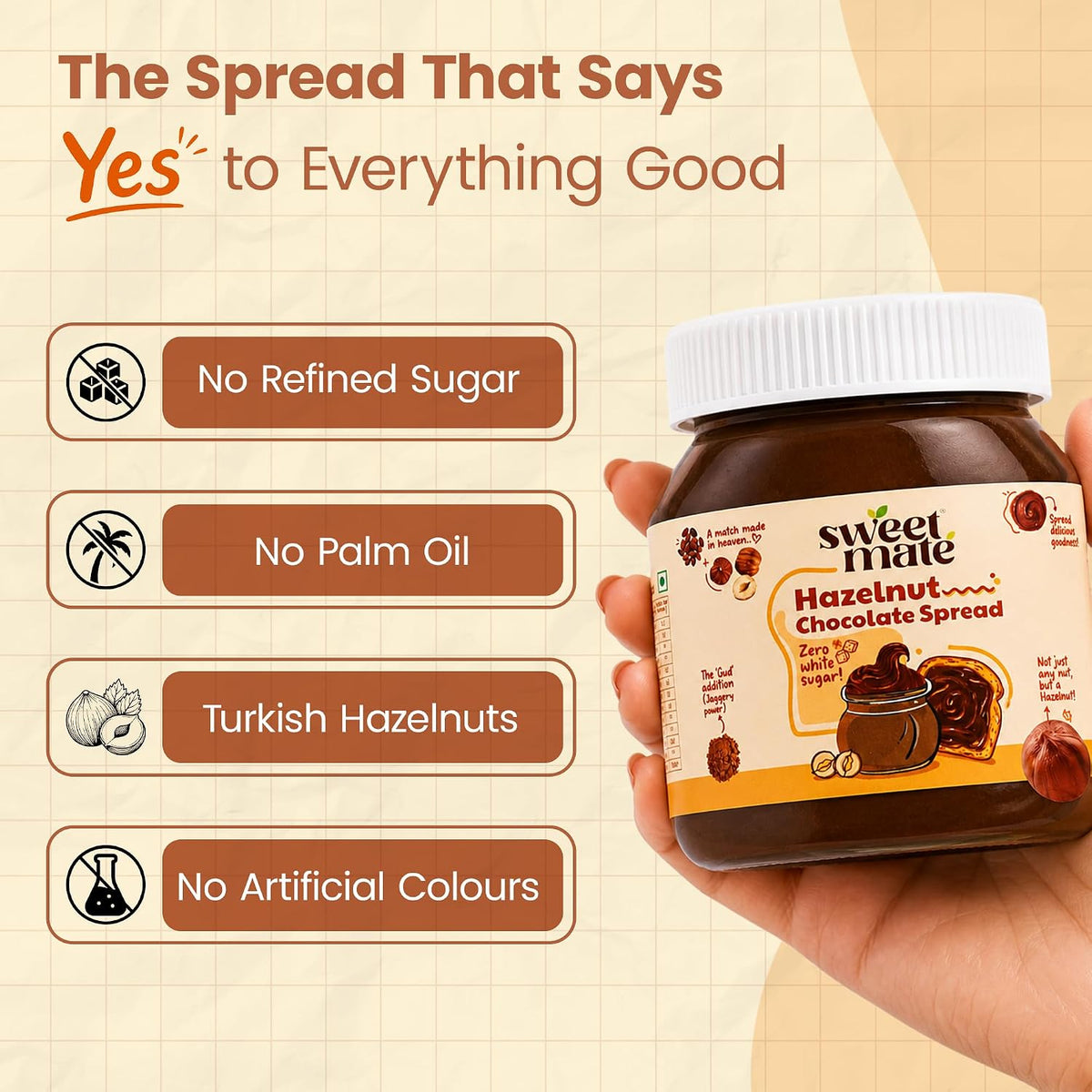 Sweetmate Hazelnut Chocolate Spread - 300g | Sweetened with Jaggery | Chocolate Spread for Kids and Adults | Healthy Snack with No Preservatives and Palm Oil | Nutty & Creamy Choco Spread