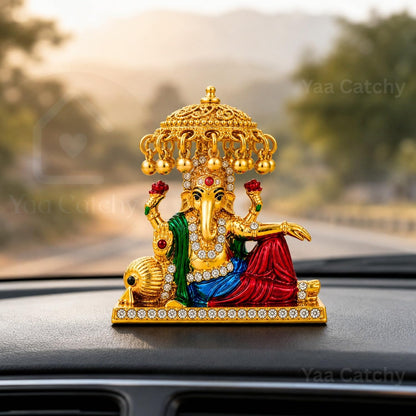 Yaa Catchy Mini Ganesh Idol for Car Dashboard | Small Ganesha Idol for Home, Office Desk & Pooja | Ganpati Murti with Premium Gold & Stone Work |5.5 cm (Mini Maharaja Ganesha)