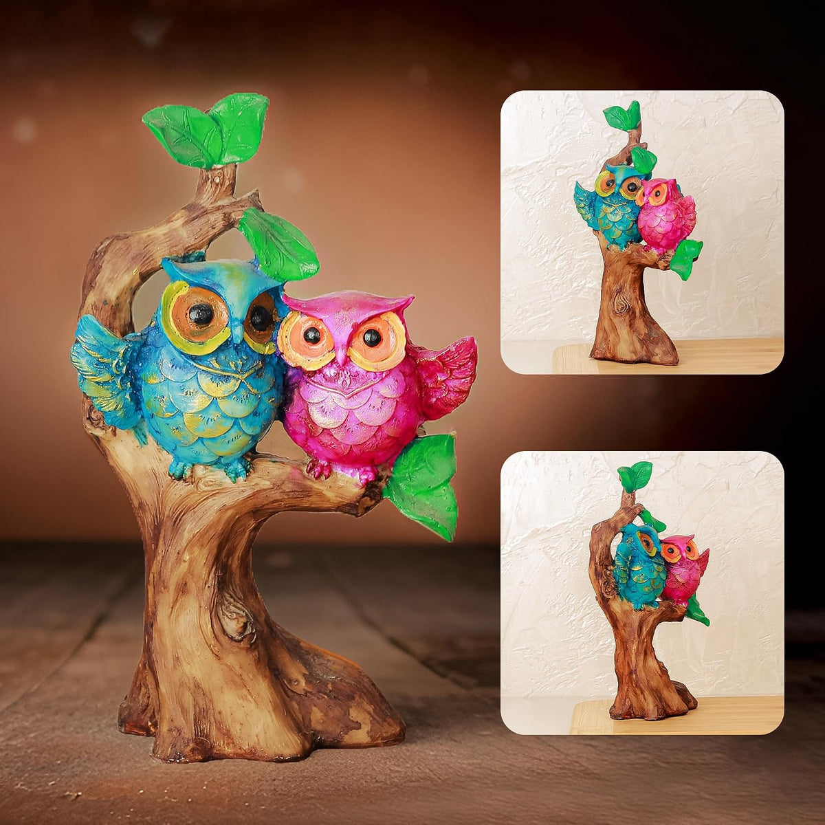 Poly Resin Owl Statue | Owl Sculpture for Good Luck | Owl Couple on Tree Showpiece Idol for Garden, Home Decoration, Table, Living Room | Gift for Anniversary | Set of 1