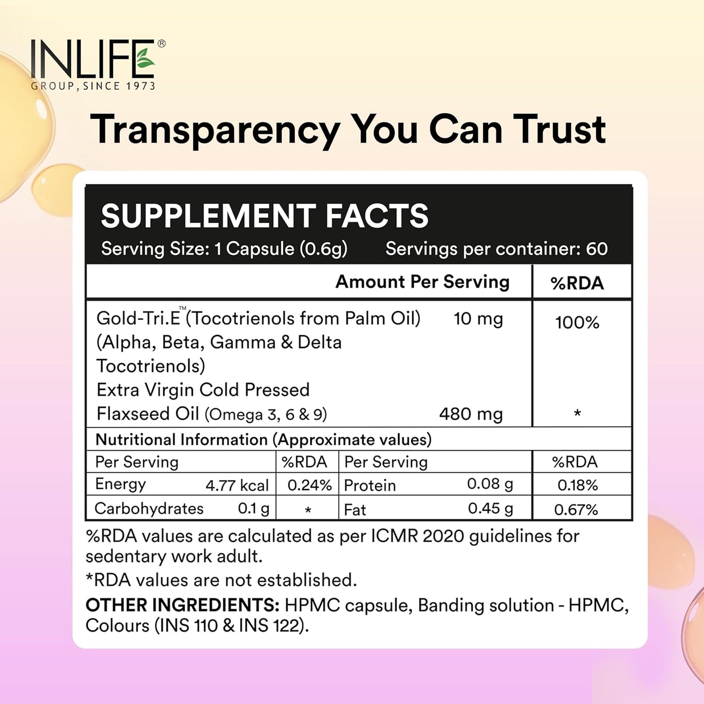 INLIFE Tocotrienol Oil 10mg (Gold Tri.E) & Flaxseed Oil 480mg Supplement | Extra Virgin Cold-Pressed Omega 3 6 9 | Supports Heart, Skin, Hair & Immune Health - 60 Vegetarian Capsules