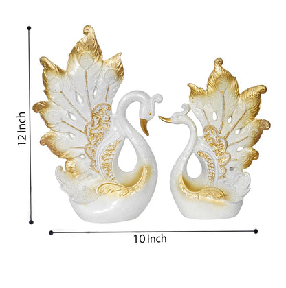 Decorative Peacock Figurine Set, White and Gold, Resin,Home & Office Decor Showpiece (2 Piece)