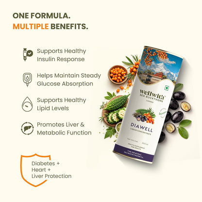 wellwith Ayuzera DiaboWin (Diawell) Karela & Jamun Diabetic Care Juice with Seabuckthorn 300ml | Chirata and Punarnava | Ayurvedic | Makes Upto 50 Glass Juice (300ml, Pack of 1)