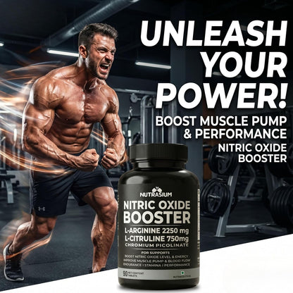 Nutrasium Nitric Oxide Supplement For Man | 2250 mg L-Arginine, 750 mg L-Citrulline with Chromium Picolinate For Supports Nitric Oxide Level, Improve Muscle Pump & Blood Flow, Boost Endurance, Stamina & Performance | 90 veg Tablets.