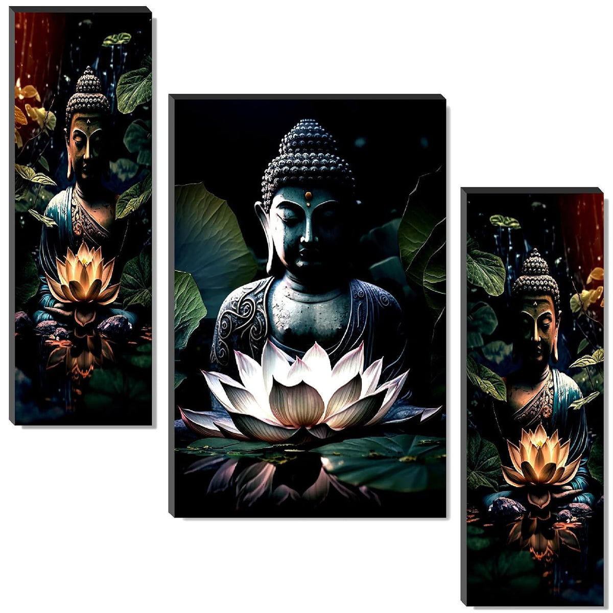 Buddha & Lotus Wall Art – 3-Panel UV-Printed Zen Triptych | Ready-to-Hang Spiritual Home Décor (20 Inch x 12 Inch) JM-35297