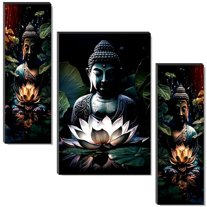 Buddha & Lotus Wall Art – 3-Panel UV-Printed Zen Triptych | Ready-to-Hang Spiritual Home Décor (20 Inch x 12 Inch) JM-35297