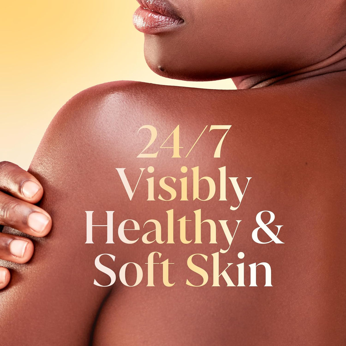 Text '24/7 Visibly Healthy & Soft Skin' on a close-up of skin with a blurred background